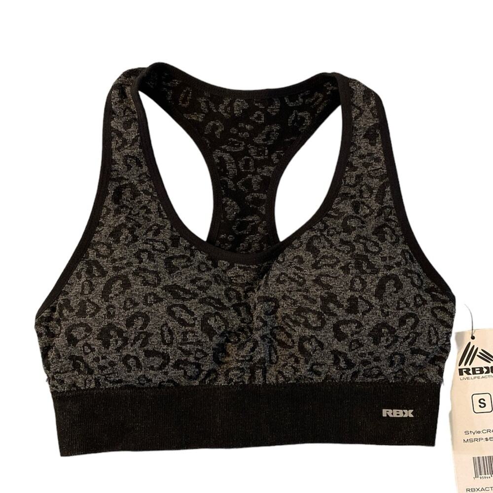 NWT RBX Racer Back Sports Bra black and Gray Animal Print Size Small
